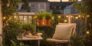 Balcón pequeño con plantas en macetas decorativas, luz guirnalda cálida y apoyos compactos