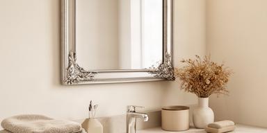 Baño con espejo decorativo, toallas neutras dobladas y pequeño jarrón con flores secas sobre mesada