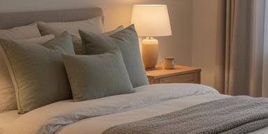 Dormitorio con almohadones coordinados, manta al pie de cama y velador de luz cálida sobre mesa de noche