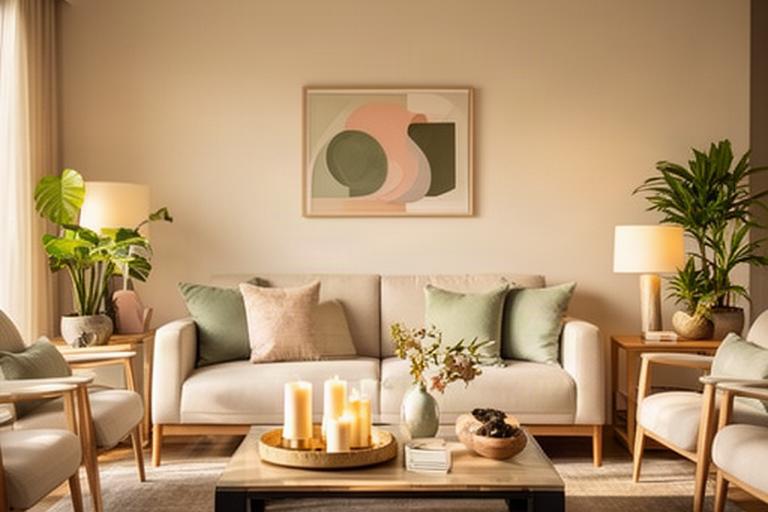 Ambiente cálido decorado con accesorios de interior, iluminación suave y textiles neutros en un living moderno en Puan Buenos Aires
