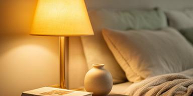 Velador de mesa con luz cálida sobre mesa de noche en dormitorio acogedor con textiles suaves