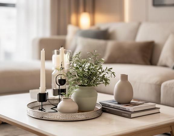 Living renovado con mesa ratona decorada con bandeja, portavelas, plantas artificiales y piezas de acento modernas en tonos neutros