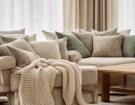 Sillón con almohadones en tonos neutros, manta tejida color crema y cortina liviana en living acogedor estilo otoño-invierno