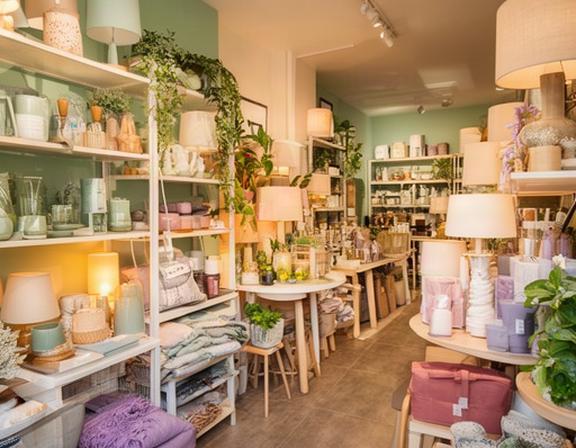 Interior de tienda de decoración en Puan Buenos Aires con estanterías de accesorios, lámparas y textiles exhibidos con calidez